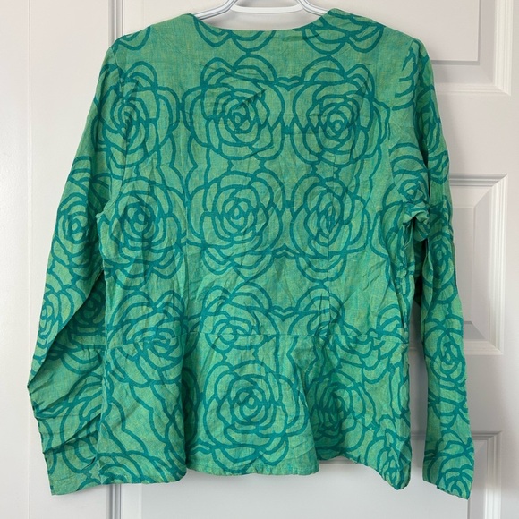 Flax Linen Peplum Teal Rose Floral Button-Up Blouse - Picture 2 of 10